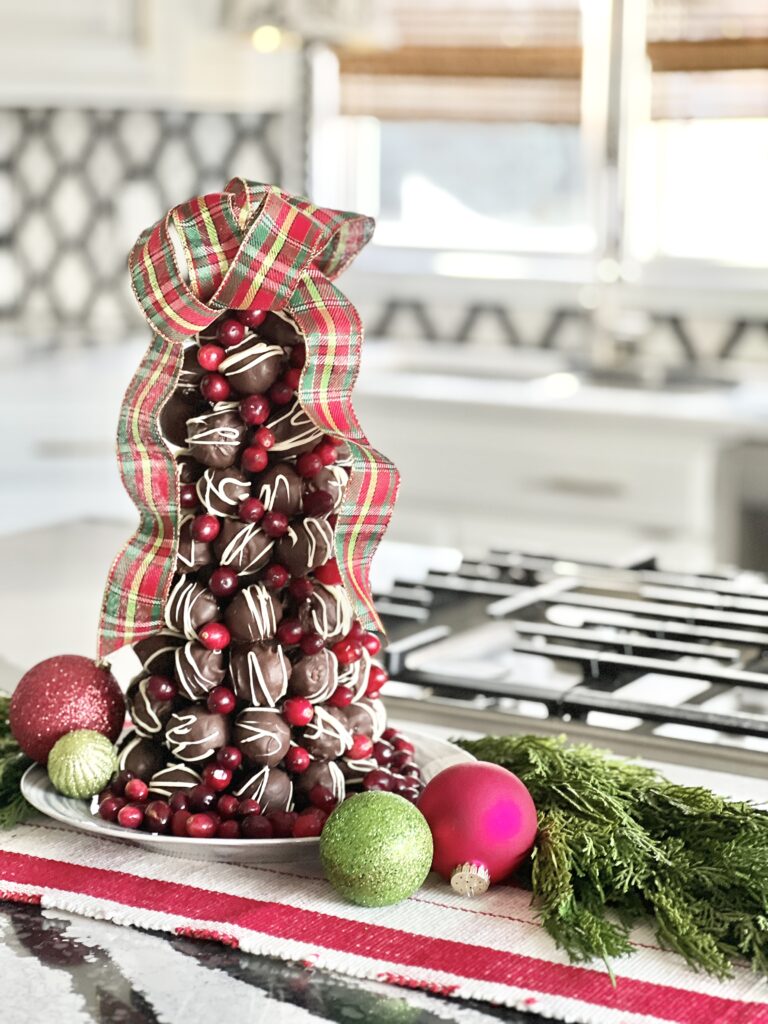 A completed chocolate truffle Christmas tree using a Christmas truffle recipe.