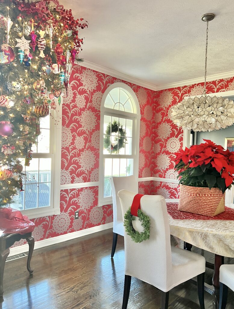 The dining room decorated for Christmas.