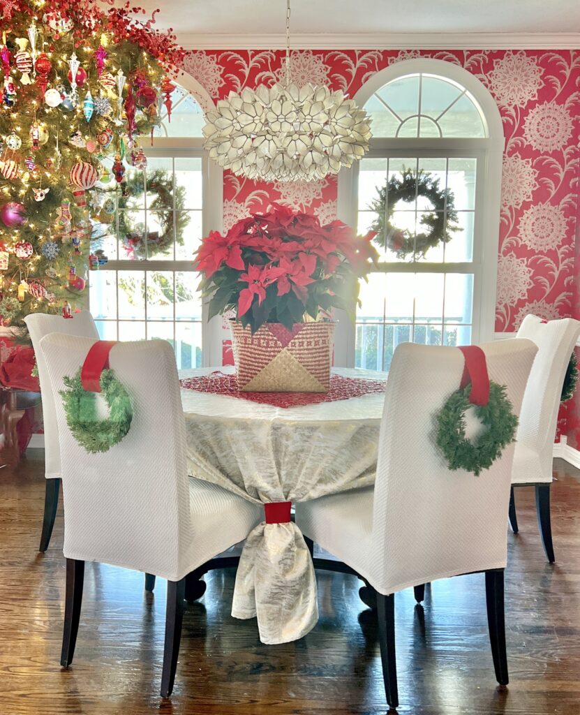 An upside down Christmas tree in a dining room.