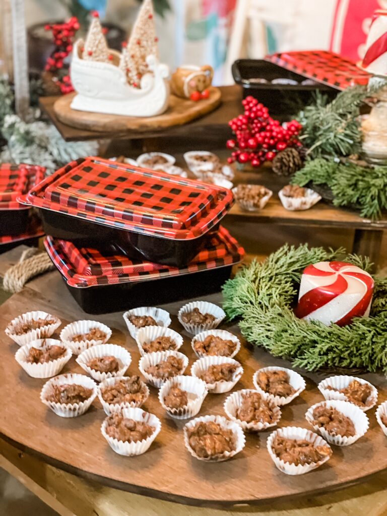 Chocolate peanut clusters displayed on a serving board.