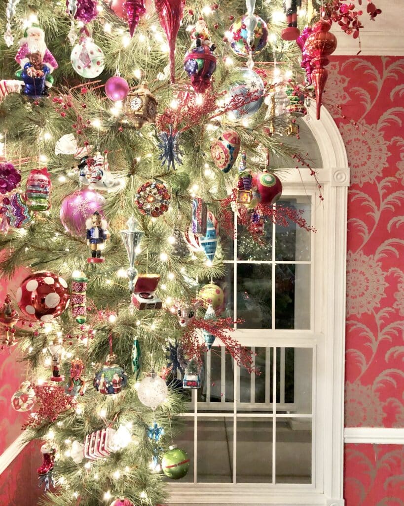 The upside down Christmas tree is a favorite spot on this colorful Christmas home tour.
