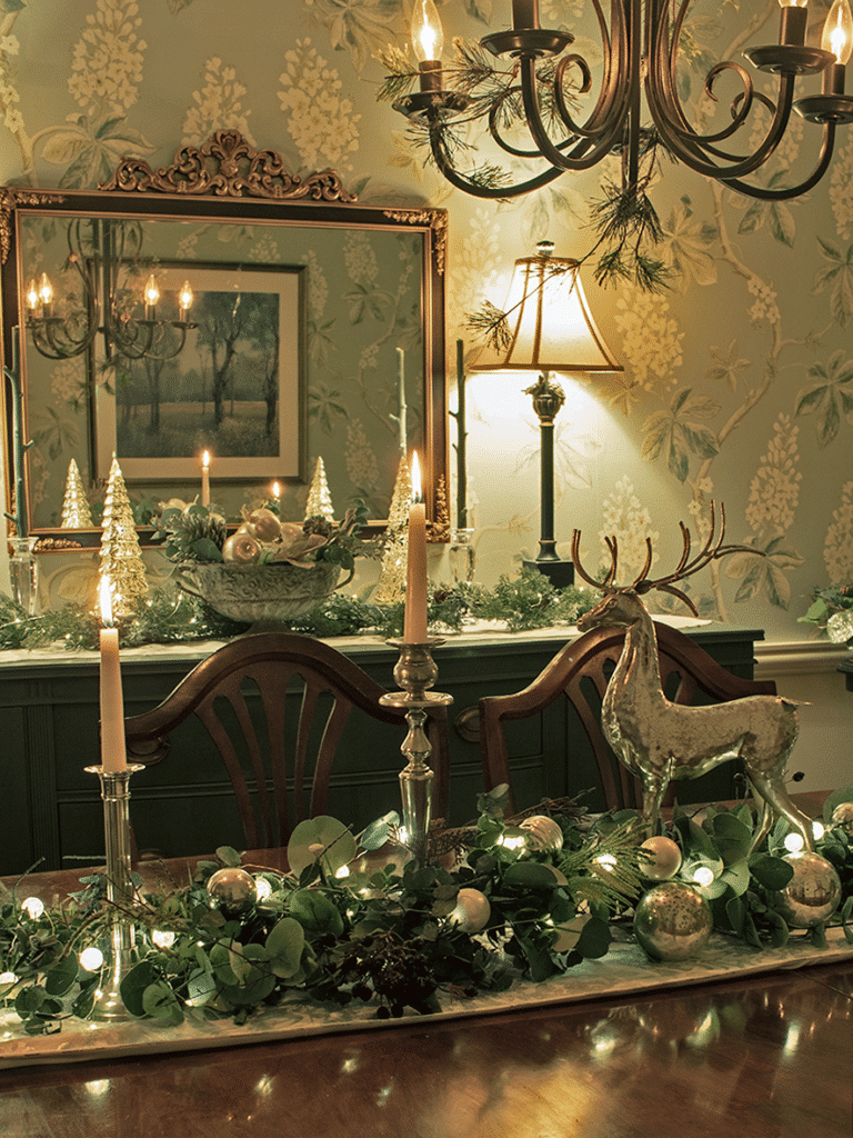 This dining room features Christmas decor in green and gold colors.