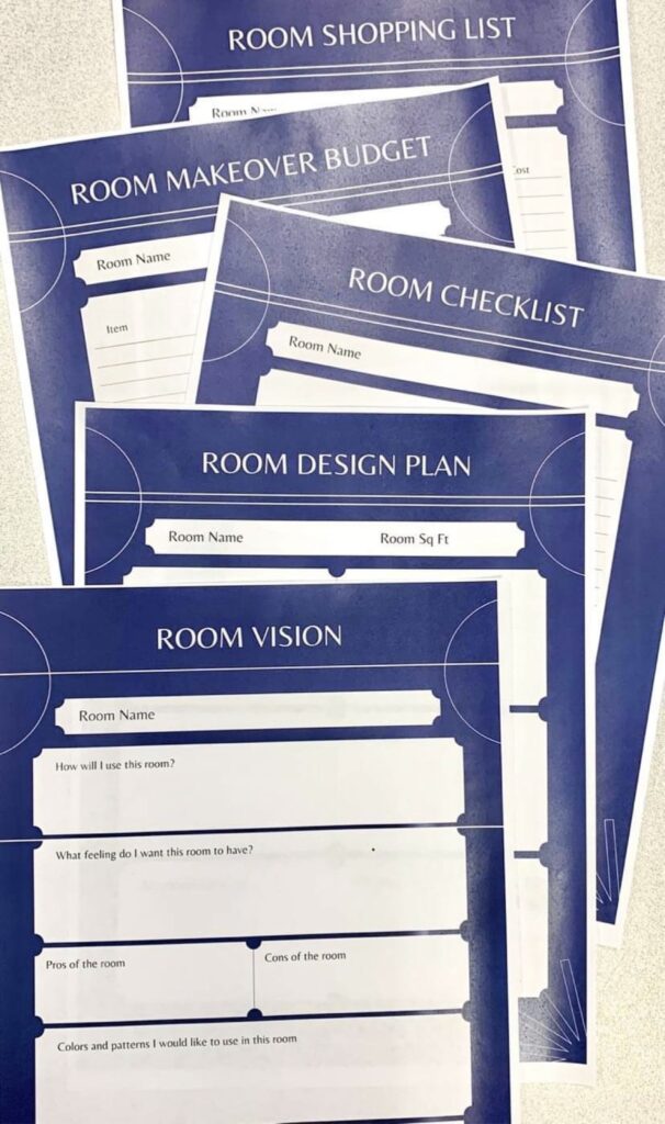 The five pages of the room makeover printable planner.