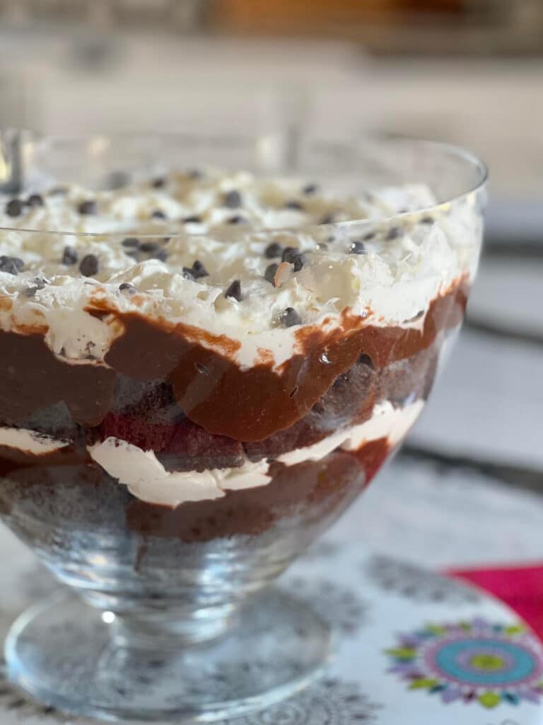 A layered chocolate trifle in a glass bowl.