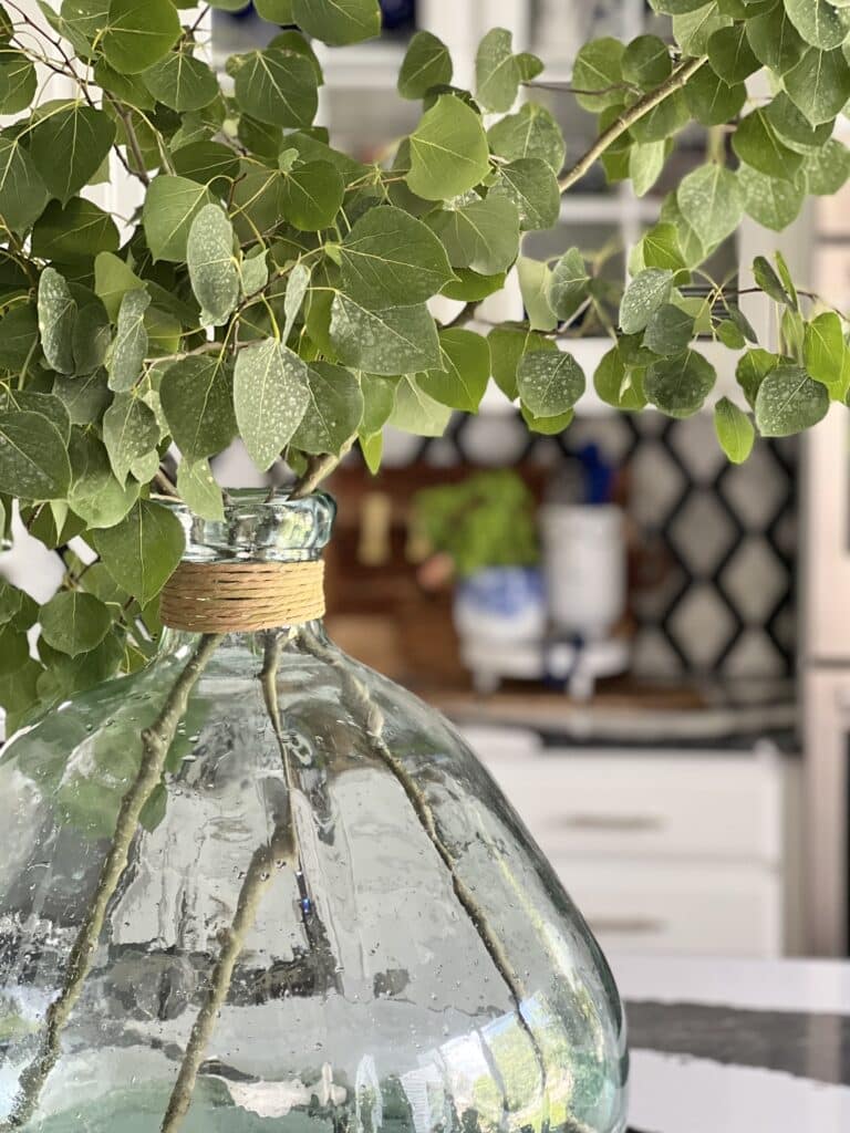 A backyard branch cutting in a large glass vase on a kitchen counter.