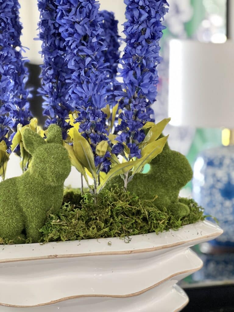 Two moss bunnies double as Spring home decor and Easter decor.
