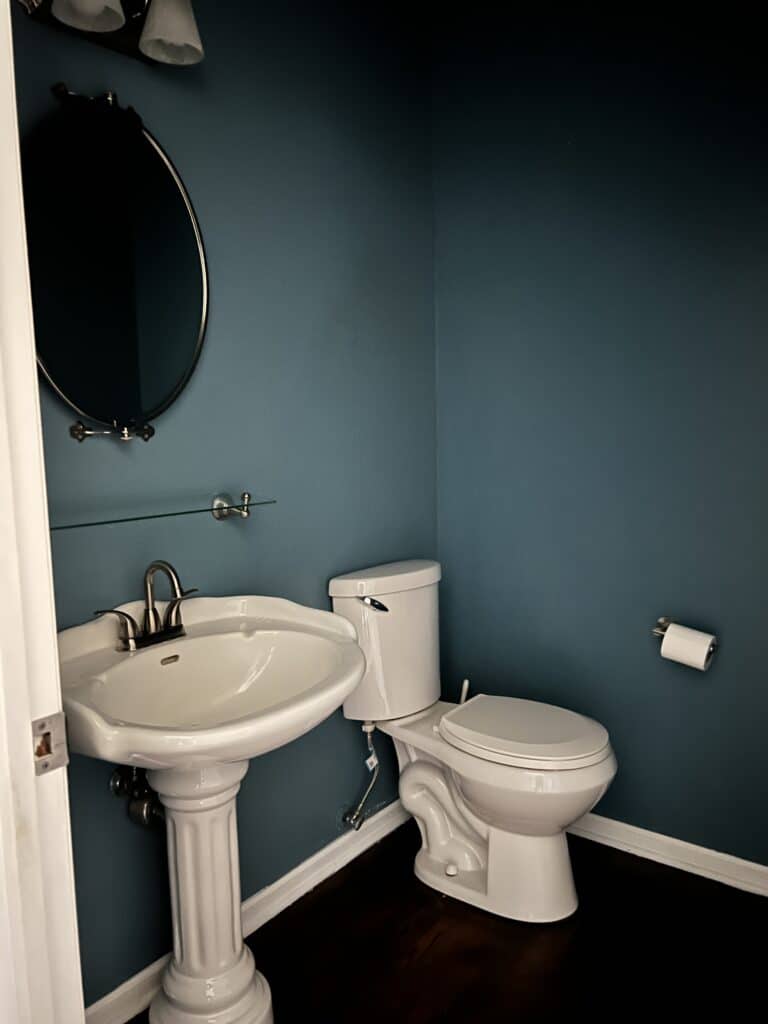 A small and dark half bath that is getting a makeover. It currently has dark blue walls and a white toilet and sink.