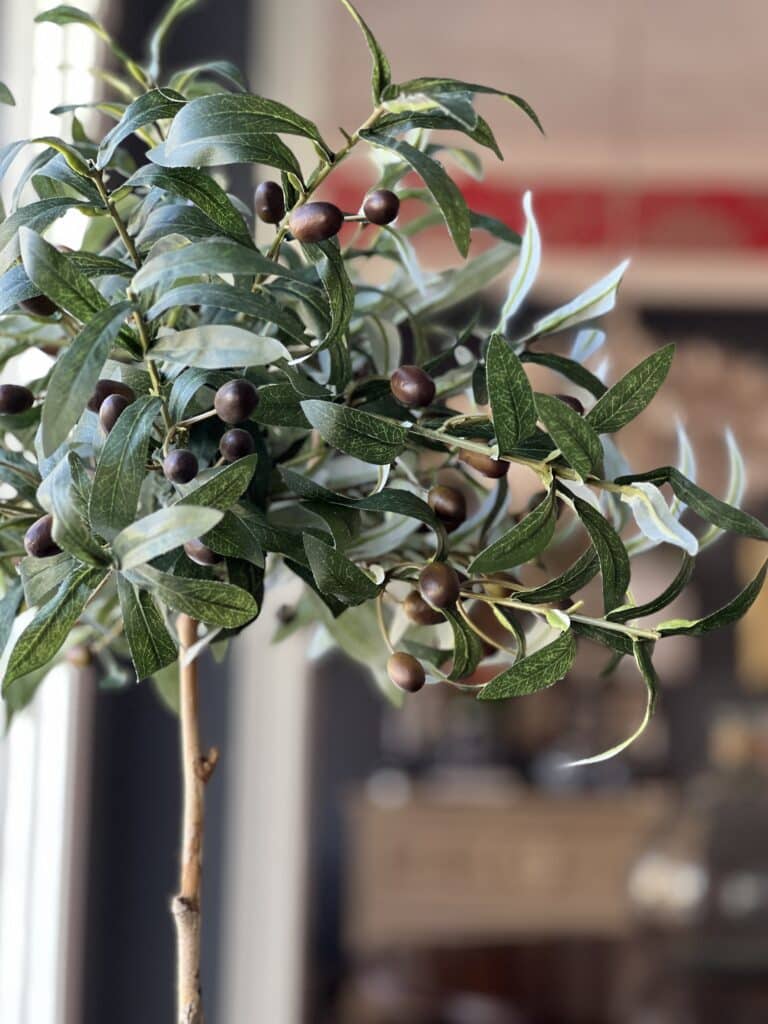 The top of a DIY faux olive topiary displayed at the entrance of a dining room.