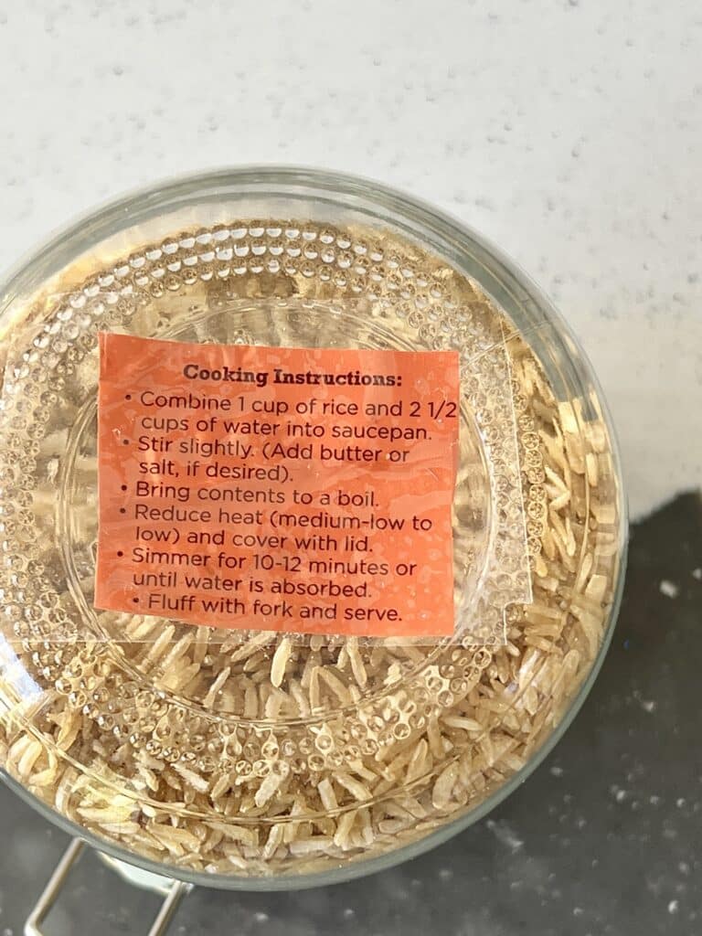 The cooking instructions are cut from the bag and taped to the bottom oof the glass jar.