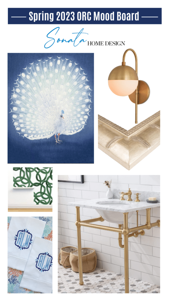 Half bath makeover - the mood board for the Spring '23 One Room Challenge includes gold wall sconces, bold wallpaper, a new sink, and peacock wall art.