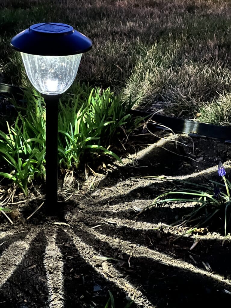 a solar pathway light that is emitting a starburst light pattern at dusk.