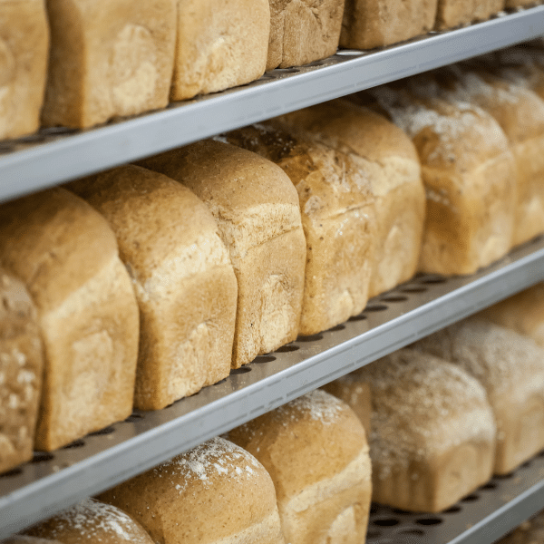 Loaves of bread cooling on a metal bakers rack.