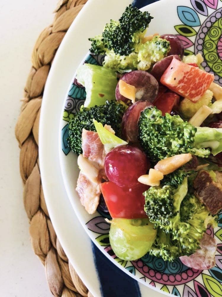 Broccoli Grape salad with red bell peppers, celery, and bacon.