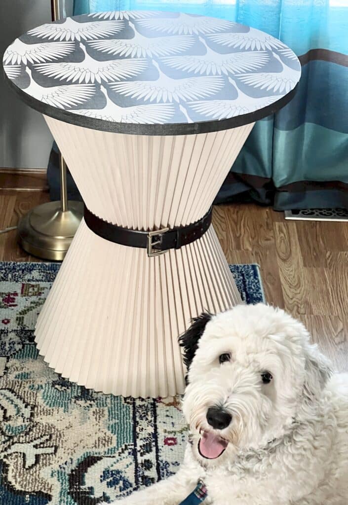 The completed DIY Fabric Lampshade Table.