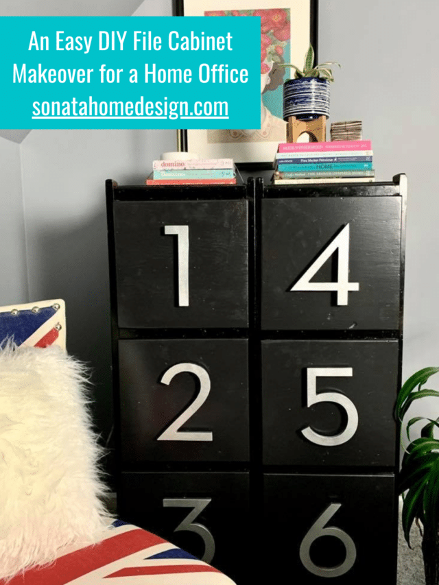 A wood file cabinet with house number drawer pulls.