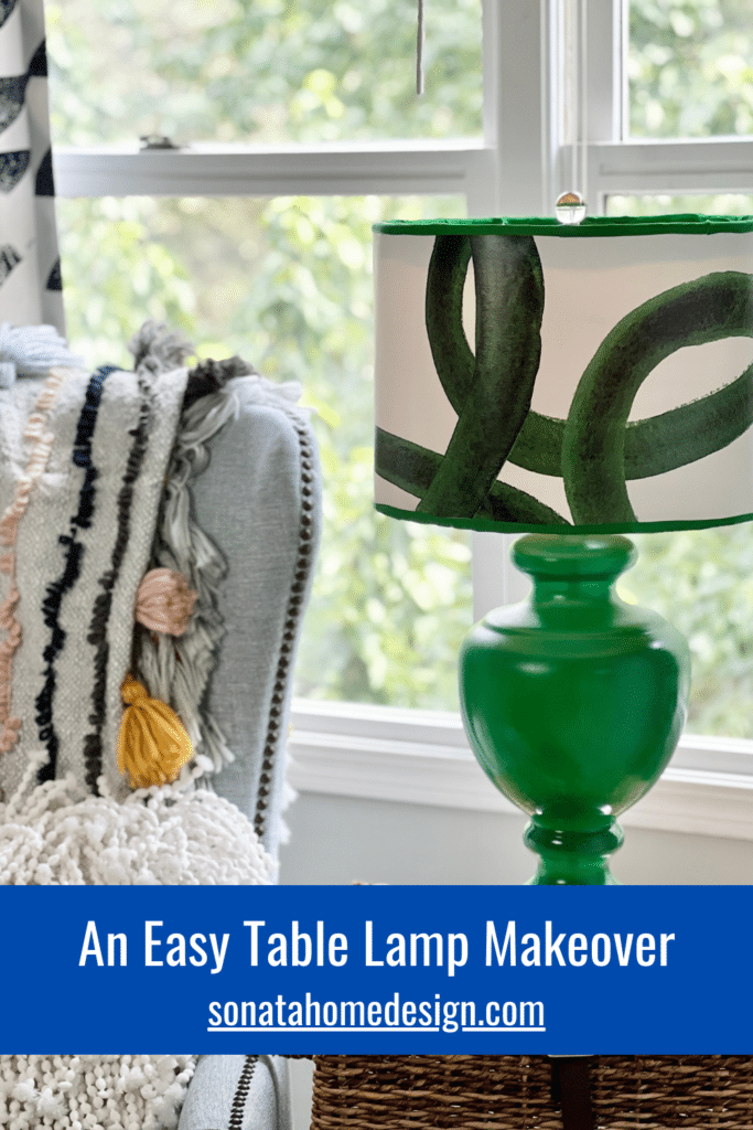 a table lamp makeover using paint and wallpaper