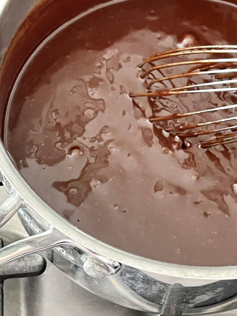 The melted chocolate sauce for the Buster Bar recipe.