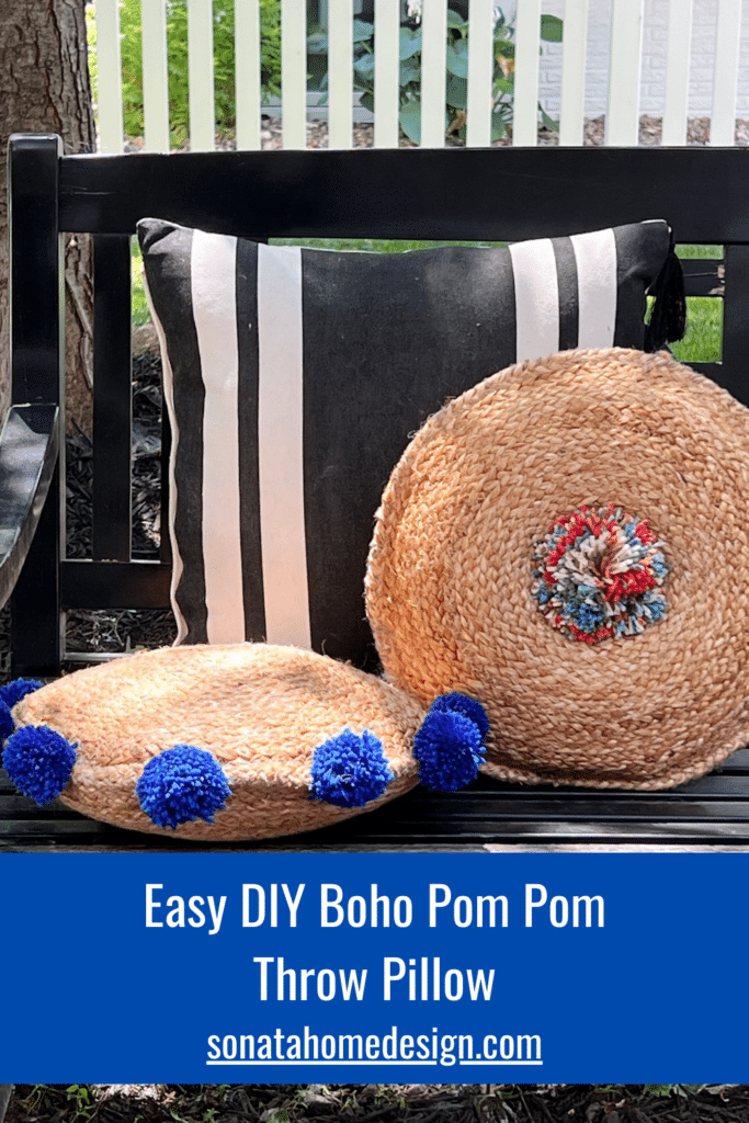 DIY boho pom pom pillows on a bench