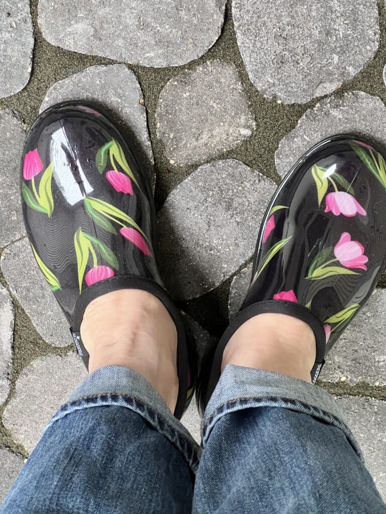 Wearing rubber gardening shoes and standing on the grey cobblestone patio.
