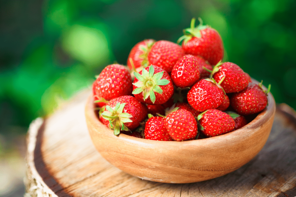 a bowl of fresh strawberries.
