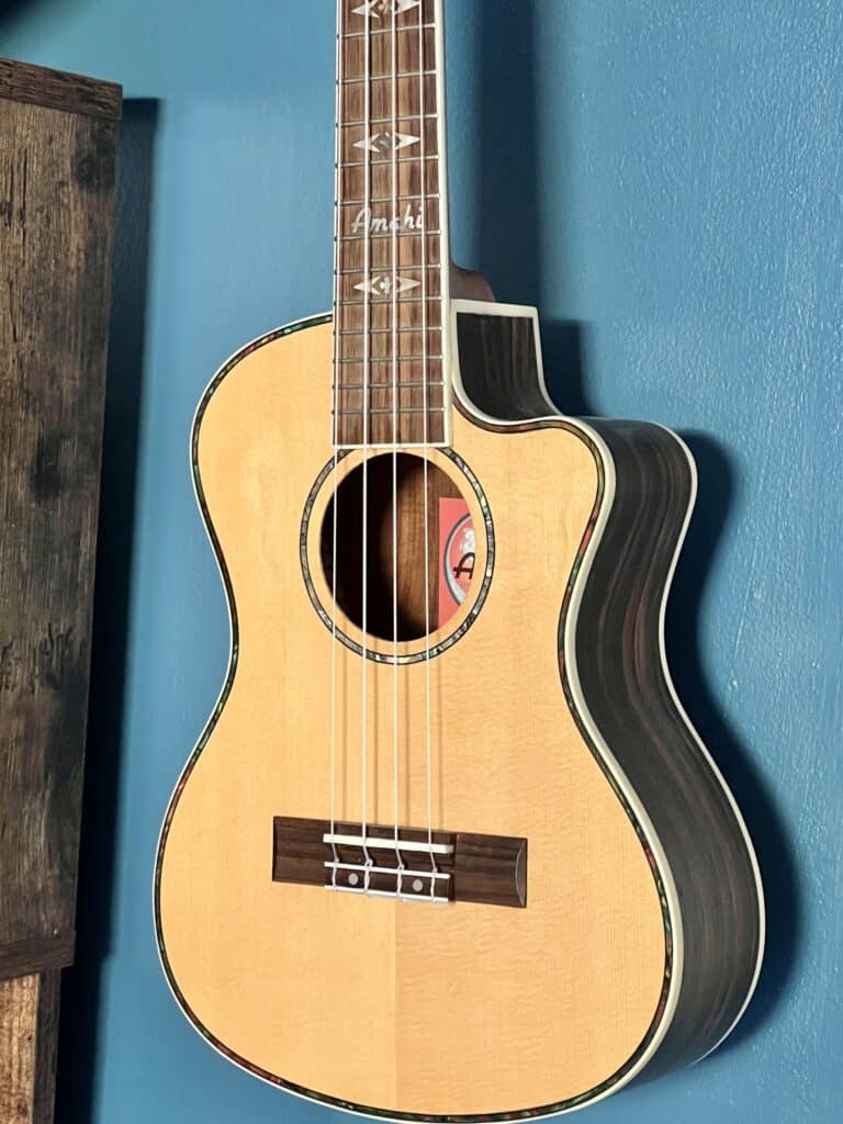A guitar hanging on the wall.
