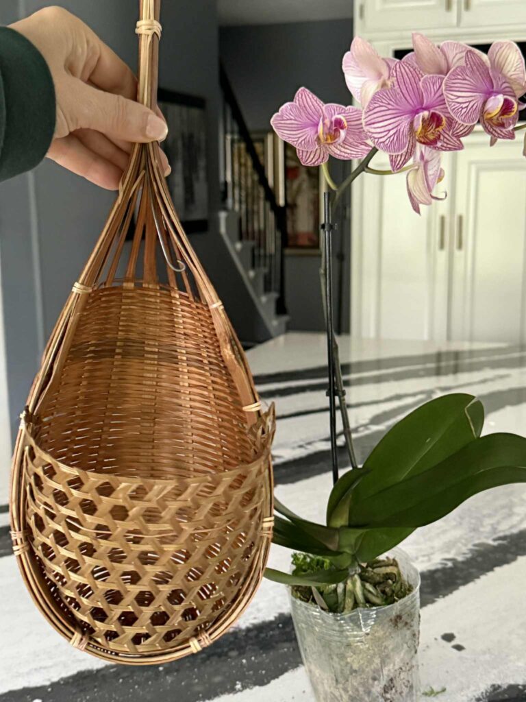A hanging bamboo orchid planter.