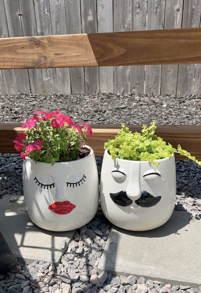 Two flower pots with faces on the front.