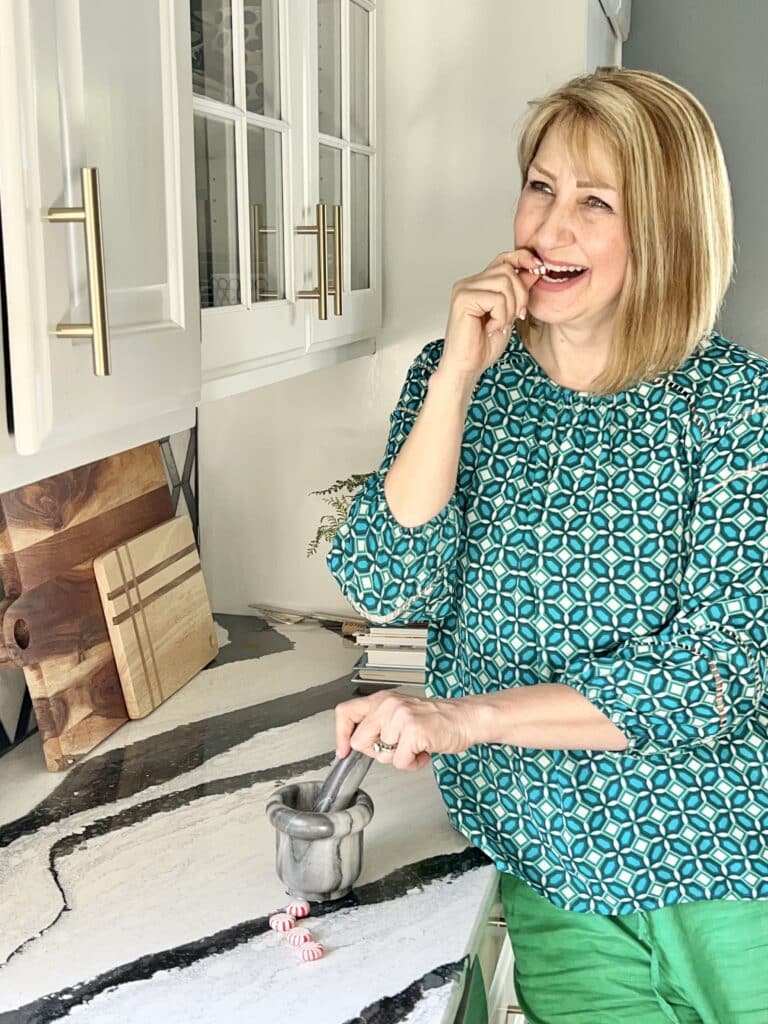 Benefits of lip scrub: Missy eating a peppermint as she makes a DIY lip scrub.