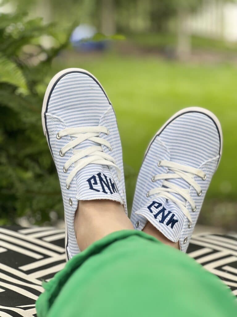 Ideas for How to Wear Monogrammed Clothing with Style: Striped monogrammed sneakers.