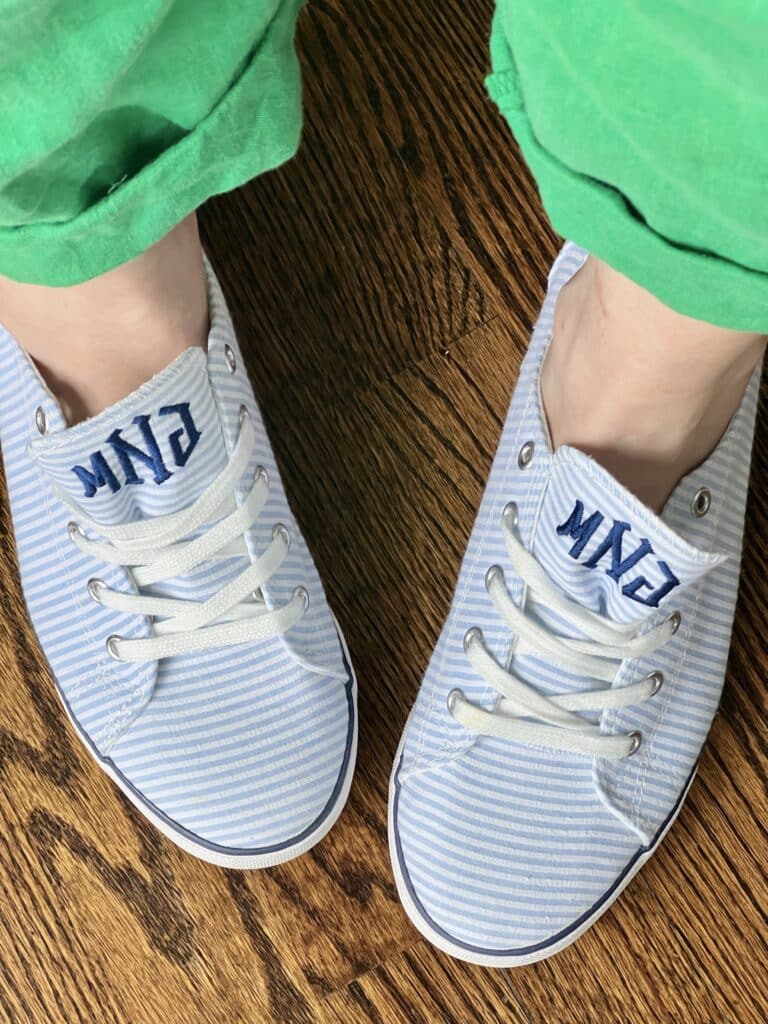Ideas for How to Wear Monogrammed Clothing with Style: Monogrammed striped sneakers.