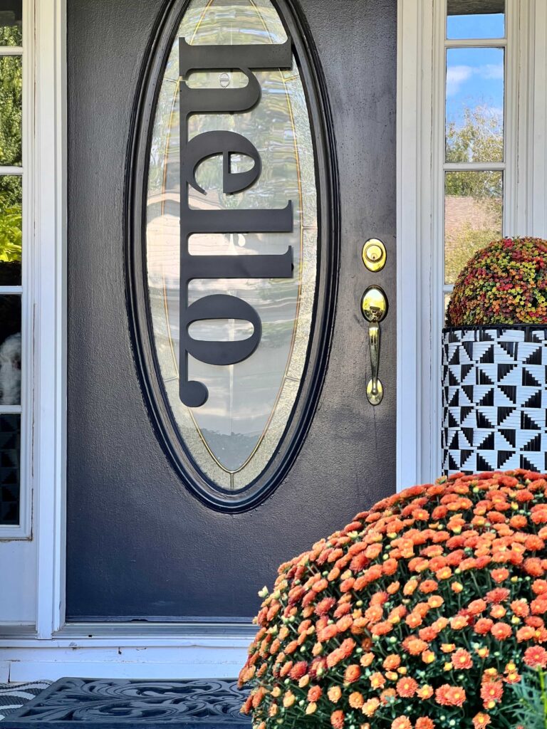 A front door with a "hello" sign and aa mum plant.