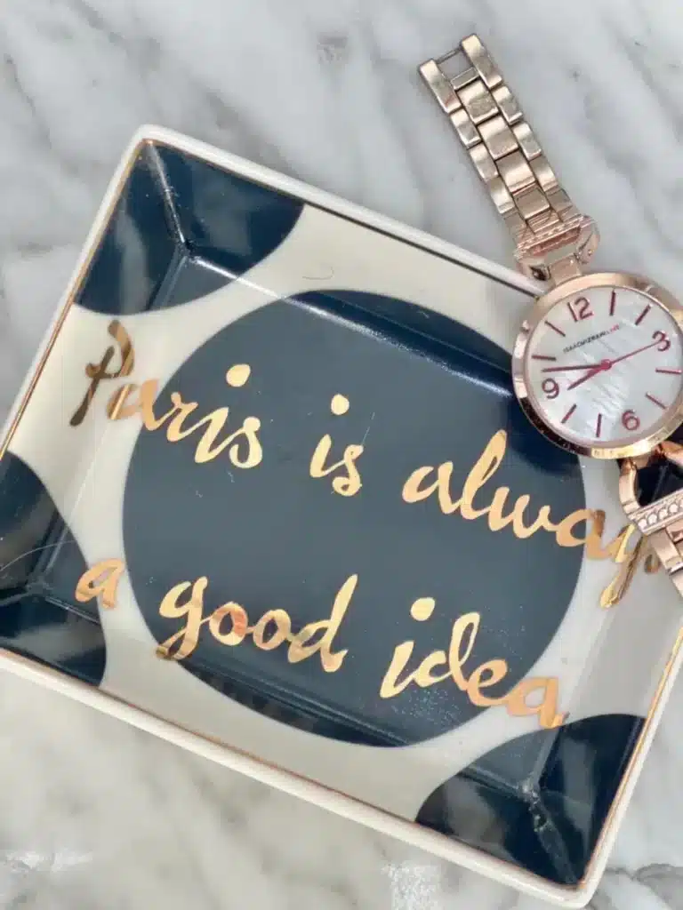 A ceramic tray that says "Paris is always a good idea."
