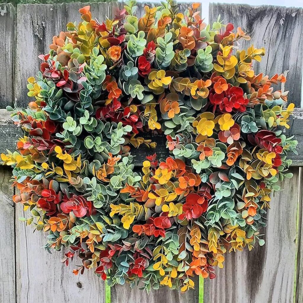 Multi colored eucalyptus fall wreath for the front door from Amazon.
