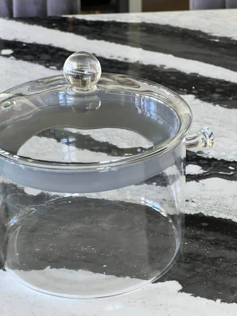 A clear glass pan that is perfect for simmer pot recipes.
