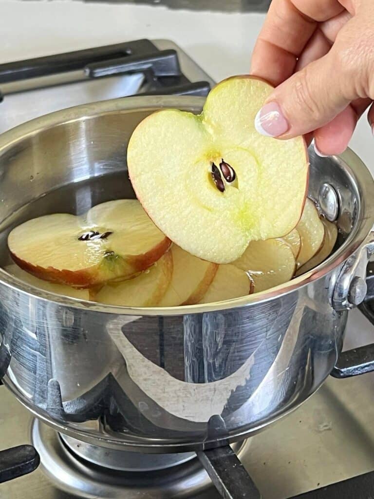 simmer pot recipes: Dropping an apple slice into a saucepan.