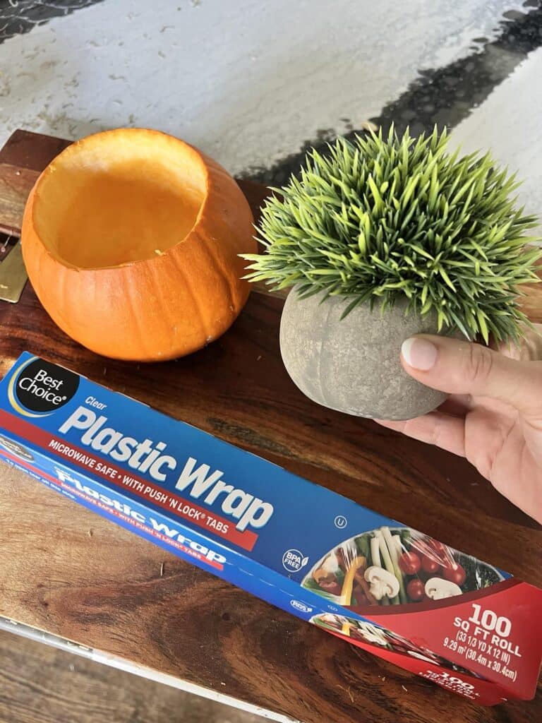 A hollowed out pumpkin and faux potted plant.