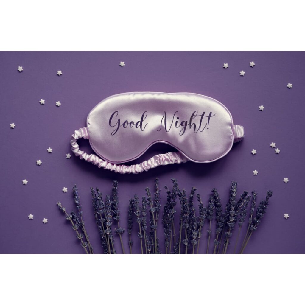 A sleeping mask with good night written on it.