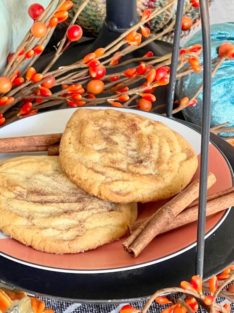 fall cookie recipe: Leaf shaped cinnamon sugar cookies on a plate.