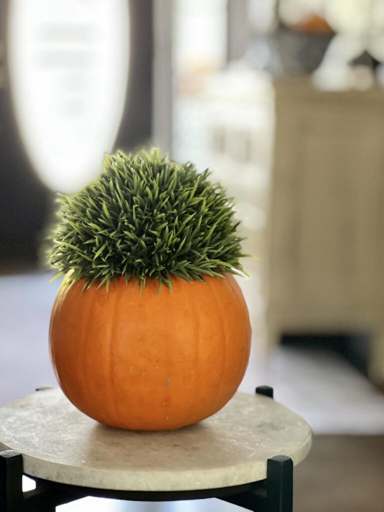 A pumpkin hollowed and holding a faux grass arrangement.