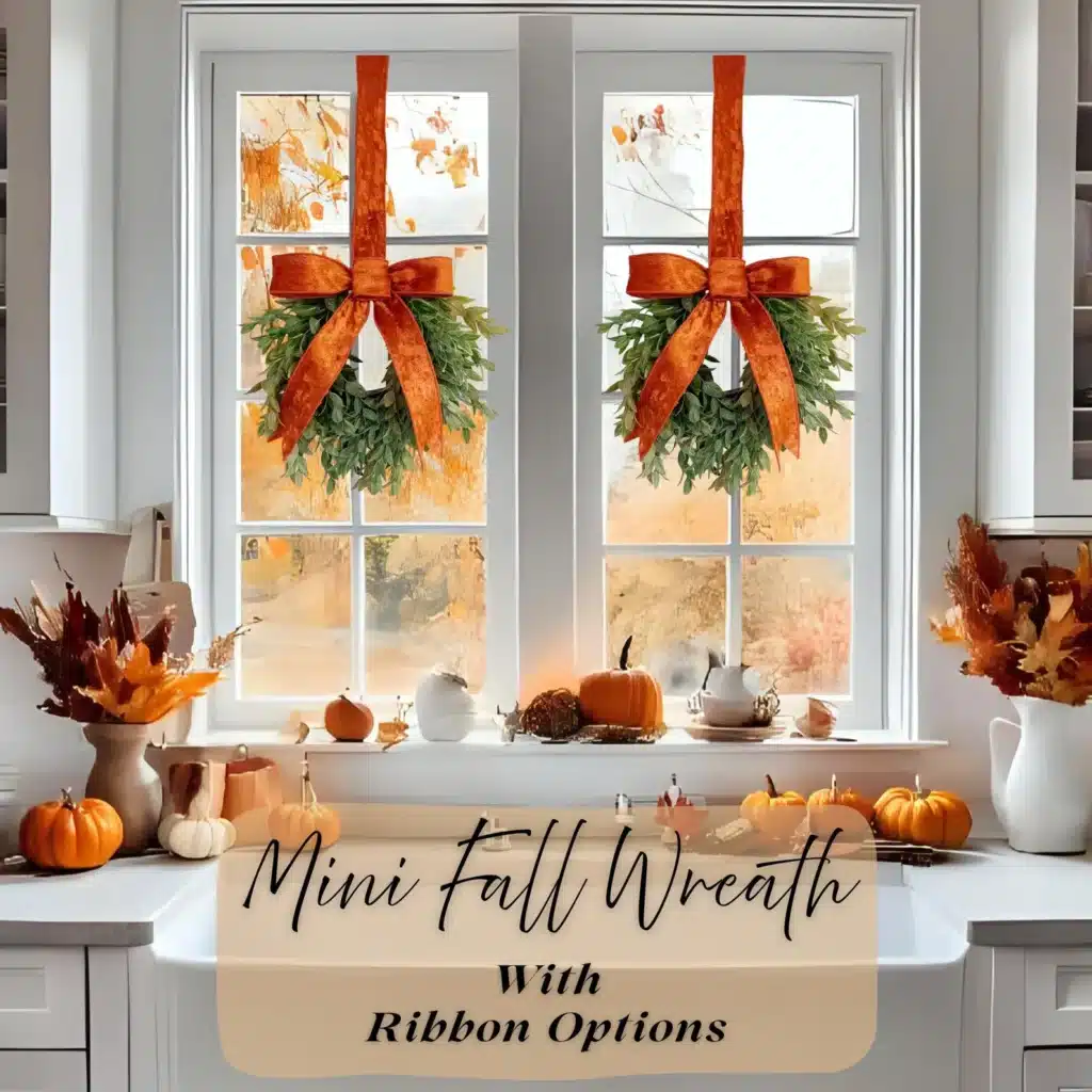 front door fall wreath ideas include hanging kitchen window wreaths with russet colored ribbon.