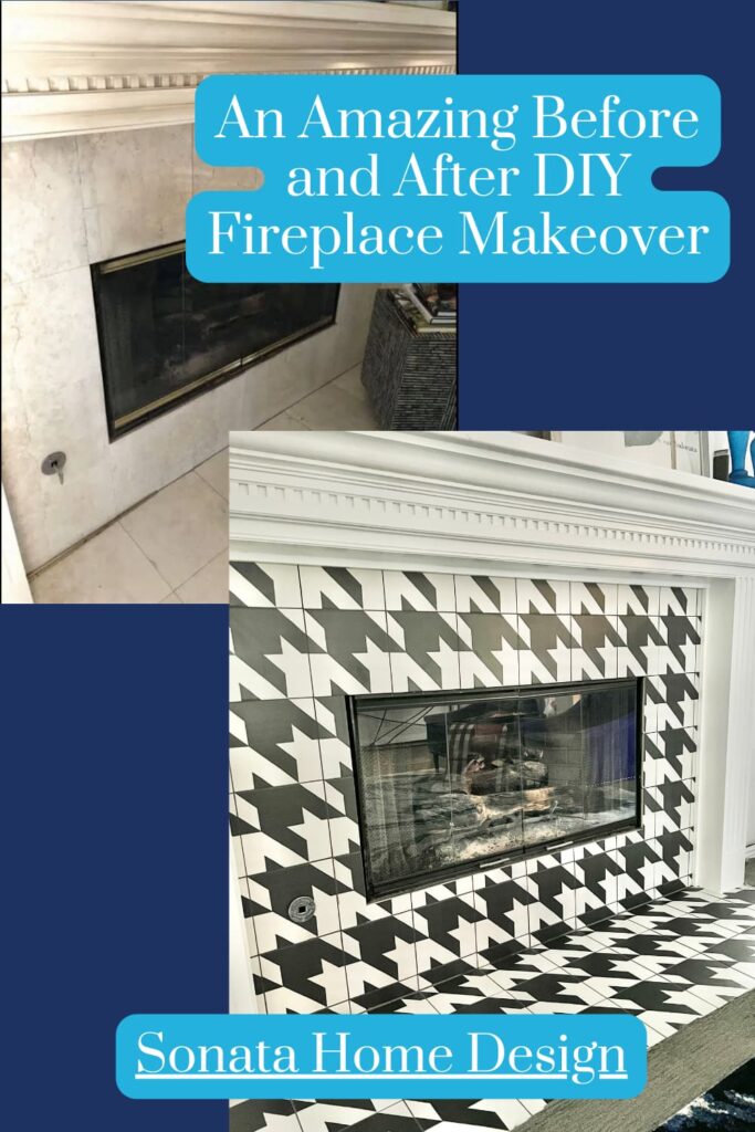 An amazing before and after DIY fireplace makeover Pinterest Pin.