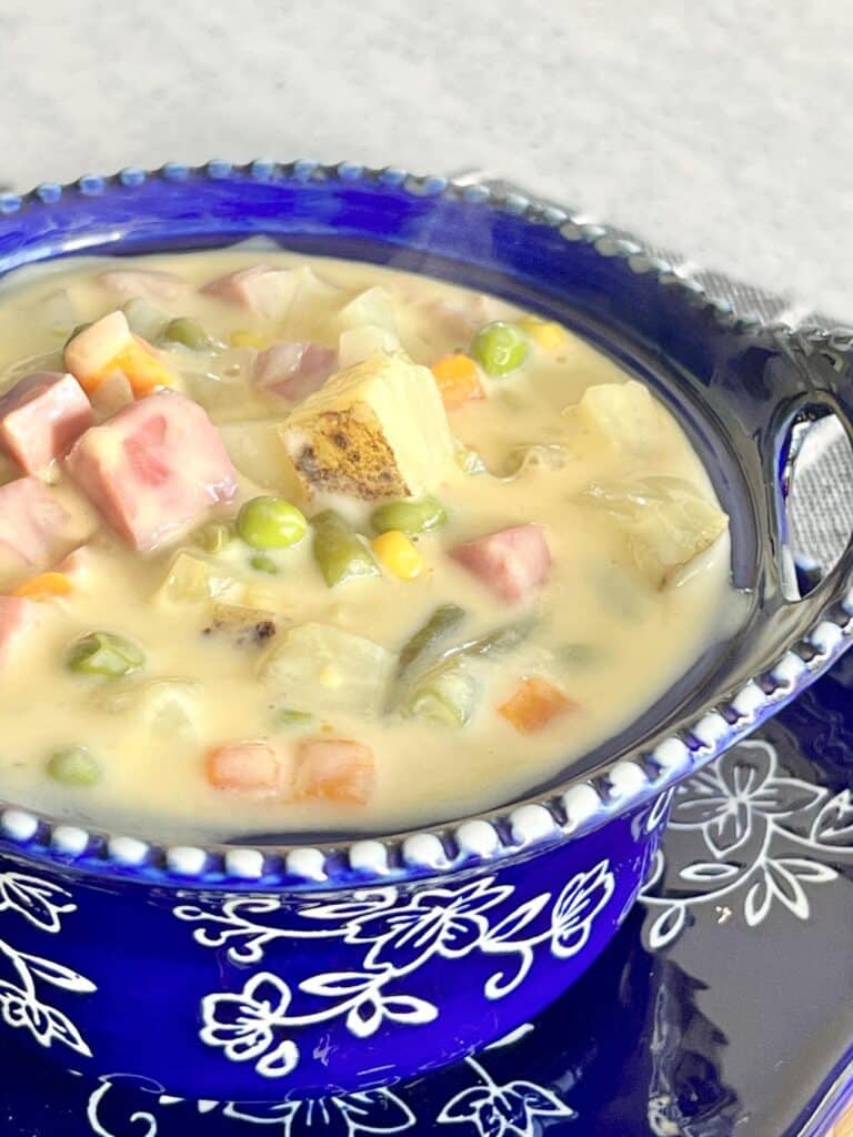 Brown Jug Soup with ham, potatoes, and mixed vegetables.