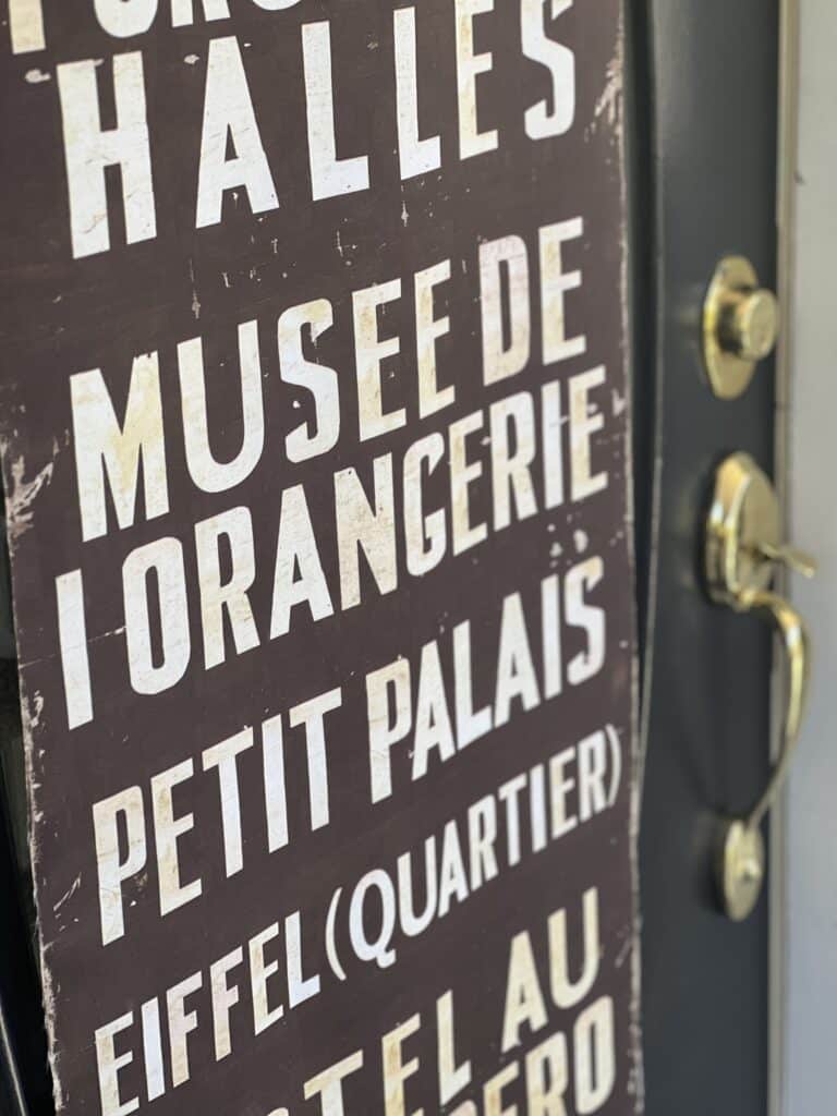 A wall banner with Parisian landmarks hanging on the door.