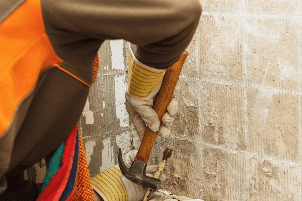 Removing the previous tile from the fireplace as paart of a DIY makeover