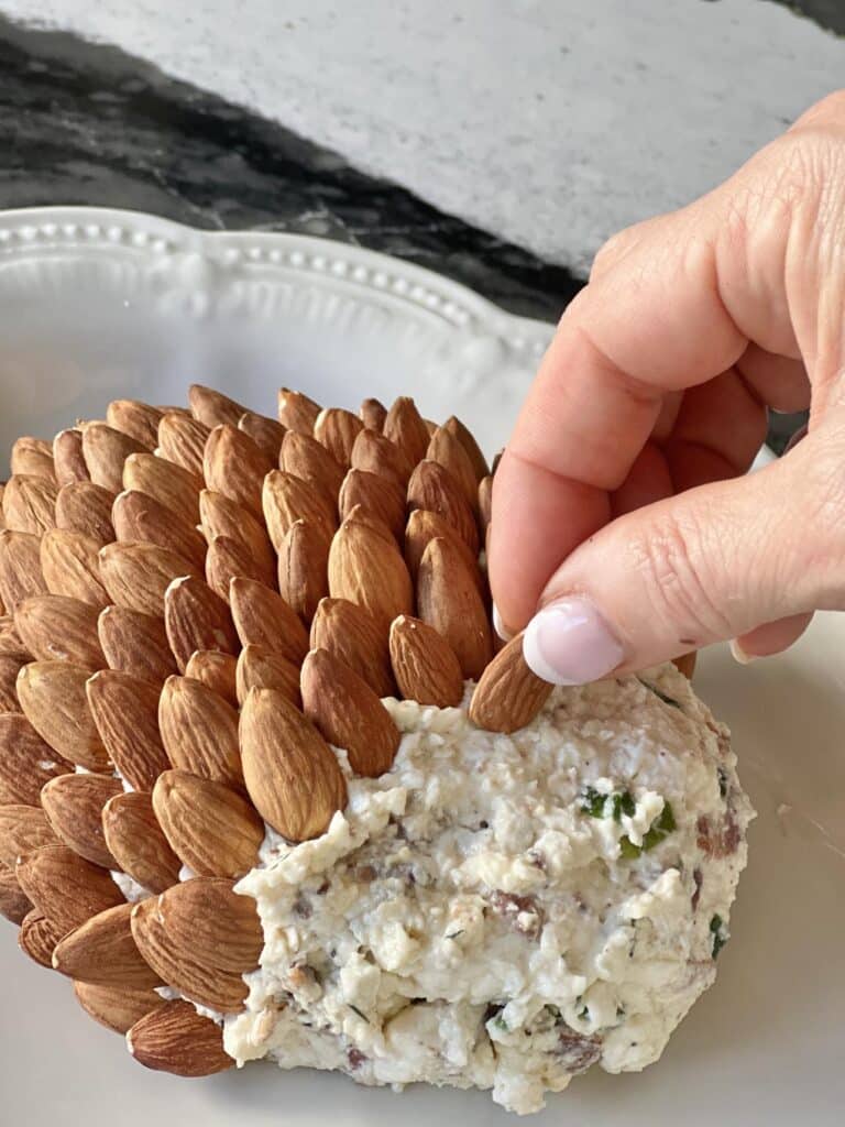 Covering a Christmas cheese ball with whole toasted almonds.