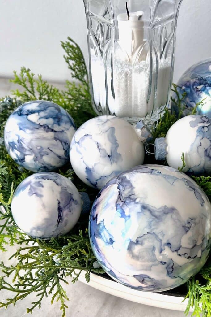Alcohol ink Christmas ornaments by South House Designs.