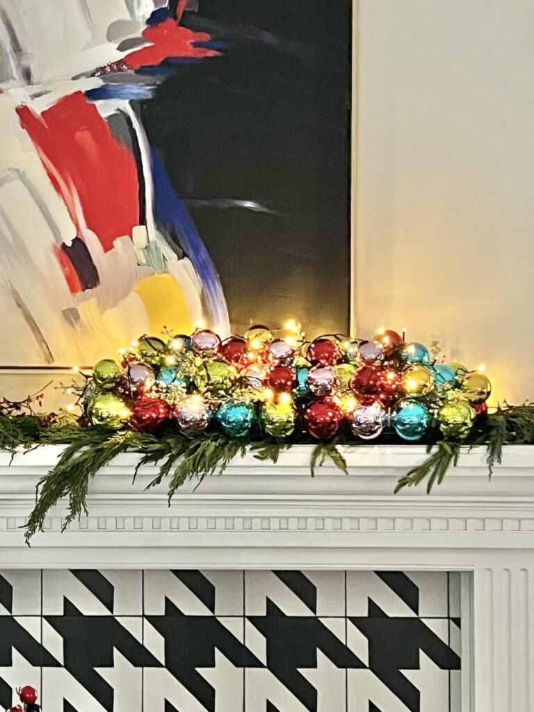 Christmas ball ornaments ideas on the fireplace mantel.