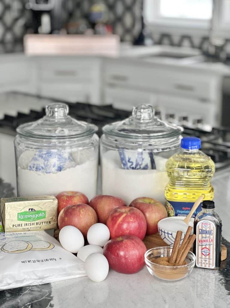 Apple beignet recipe ingredients that include apples, cinnamon, sugar, butter, vanilla, eggs, and powdered sugar.
