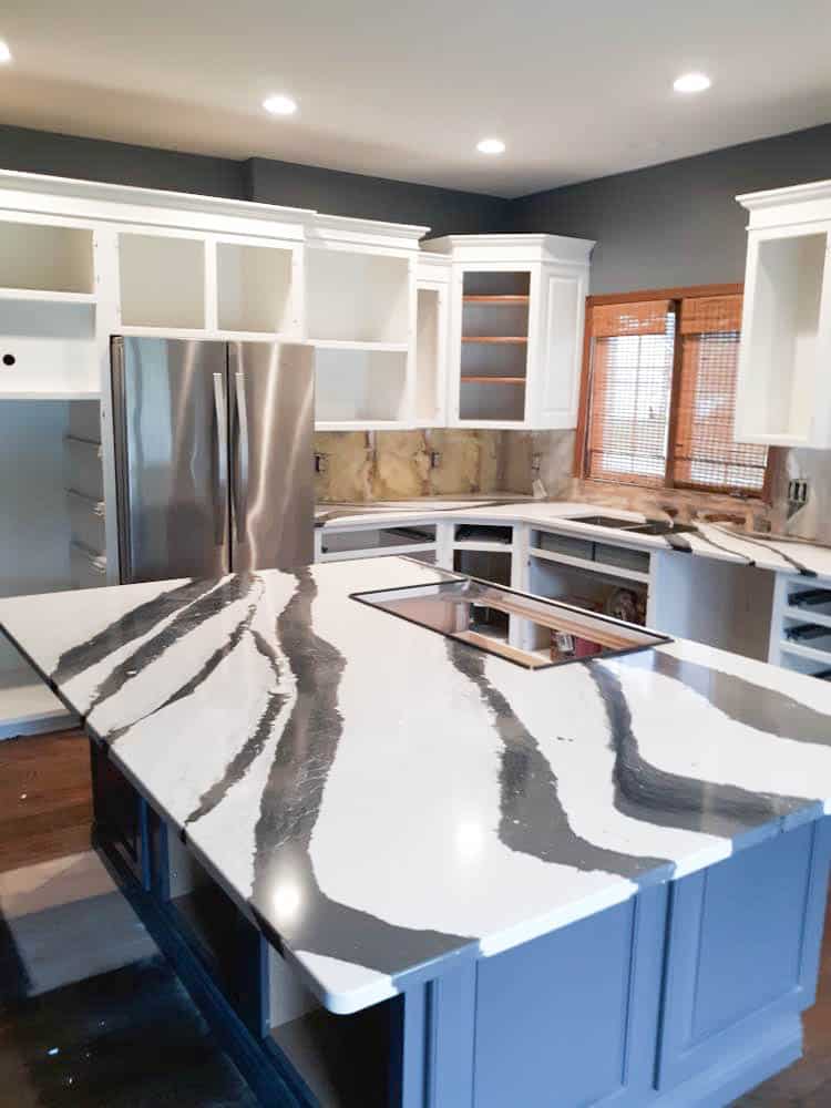 The new quartz kitchen island after the renovation.