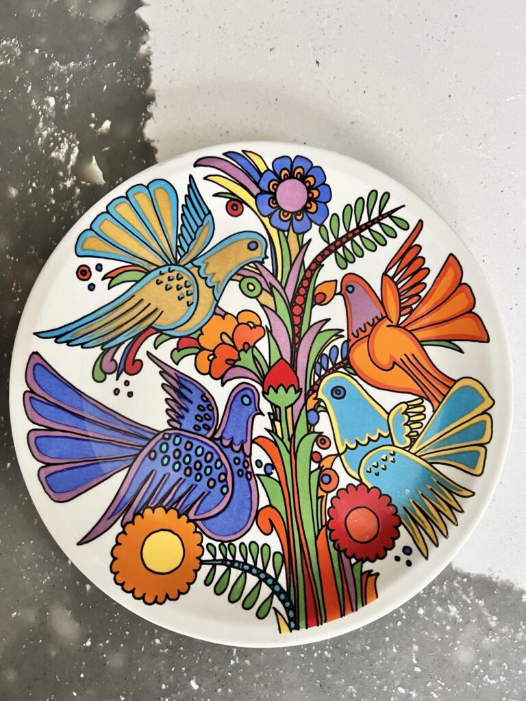 A colorful plates with a bird pattern.